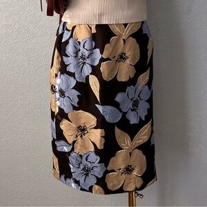 Casual Corner Silk Floral Skirt Brown Blue Embroidered Lined Size 4